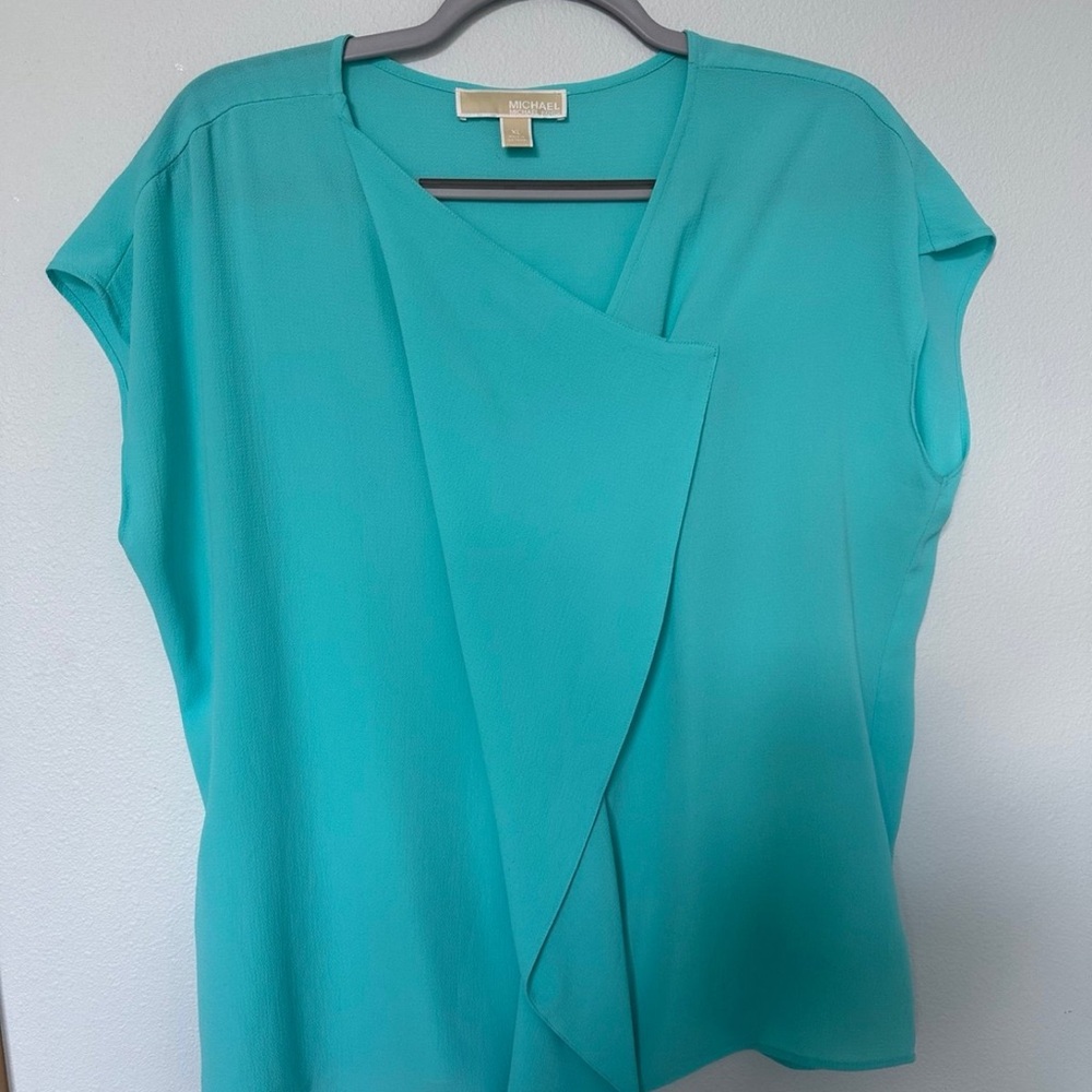 Michael Kors Womans Aqua Cap Sleeves Pullover V-Neck Top Blouse Size XL